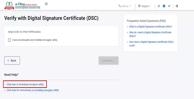 On the Verify with Digital Signature Certificate (DSC), select ‘Click here to download emsigner utility’ taxmanager