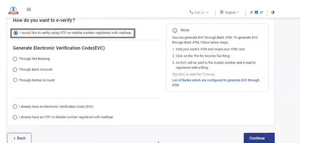 Under the e-verify return page, select ‘I would like to e-verify using OTP on a mobile number registered with Aadhaar taxmanager