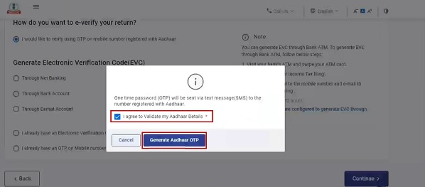 A pop-up will appear on your screen. You will be required to select the tick box saying ‘I agree to validate my Aadhaar details’ and click on the ‘Generate Aadhaar OTP’ button taxmanager