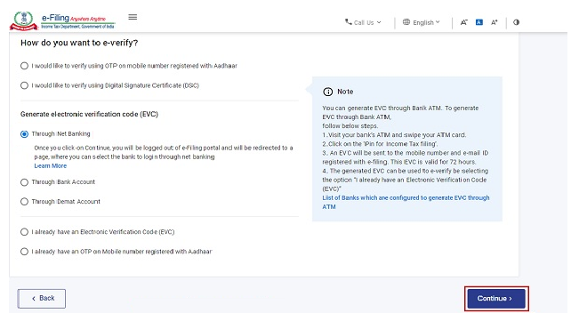 On the ‘e-Verify’ page, you can select ‘Through Net Banking’ and click on the ‘Continue’ button taxmanager